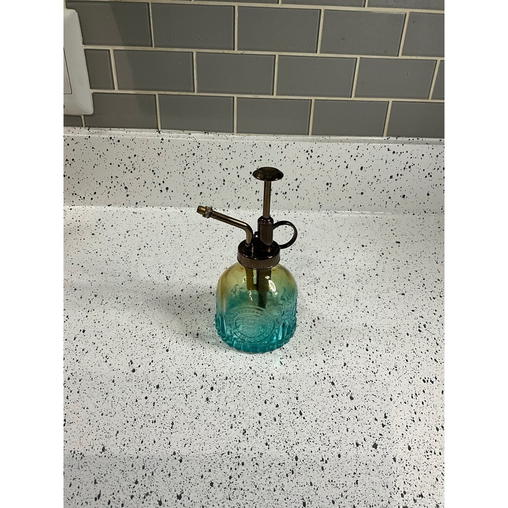 Vintage Style Glass Plant Mister Amber Turquoise Ombre Embossed Floral Sprayer